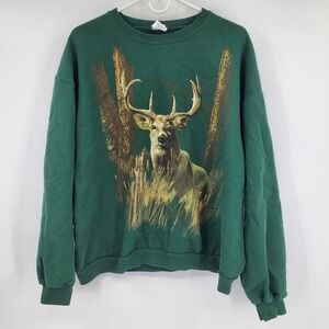 Vintage Jerzees Mens XL Green Buck Deer Graphic Sweatshirt Hunting Outdoors